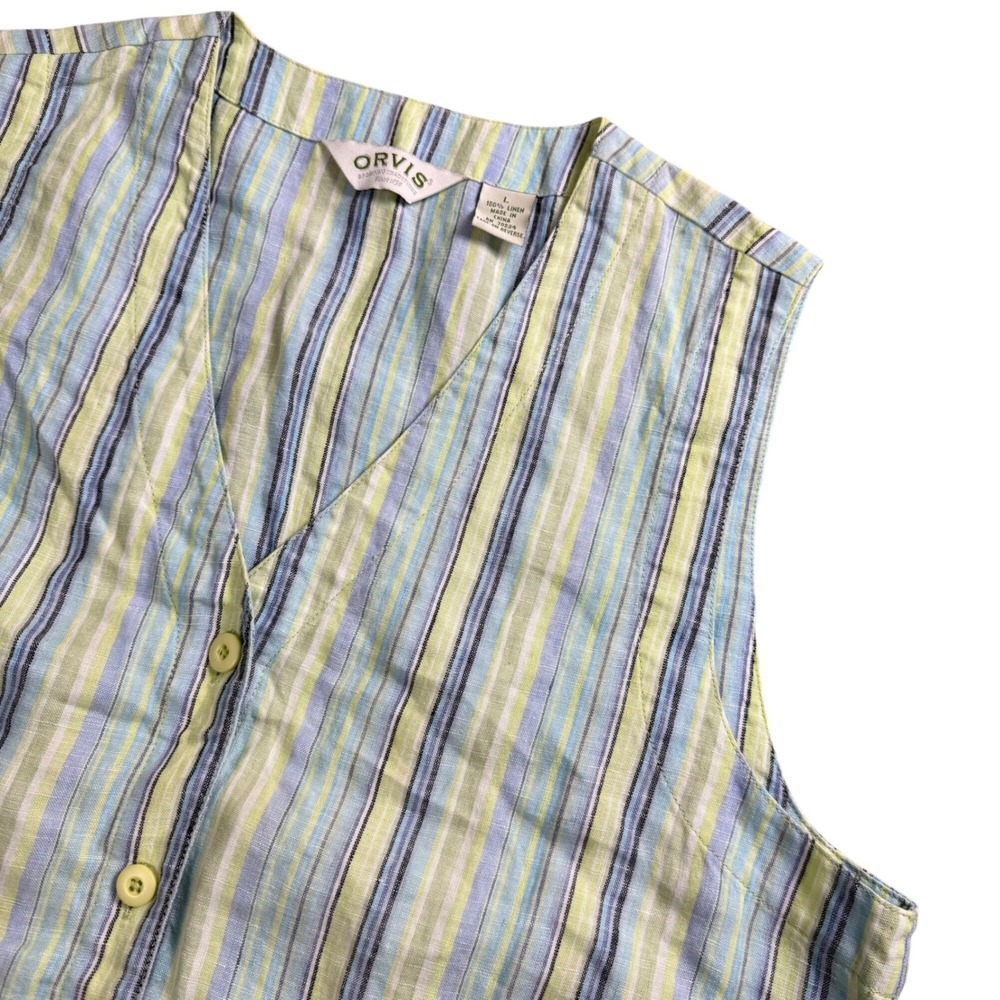 Orvis Linen Vest Women Large Blue Green Striped V-Neck Button Front Coastal Prep